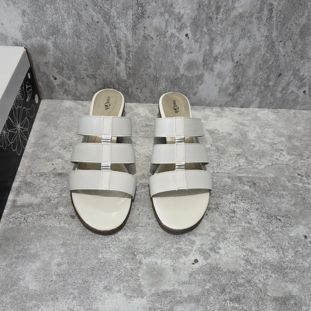 East 5th Cream Triple-Strap Low Block Heel Slide Sandals